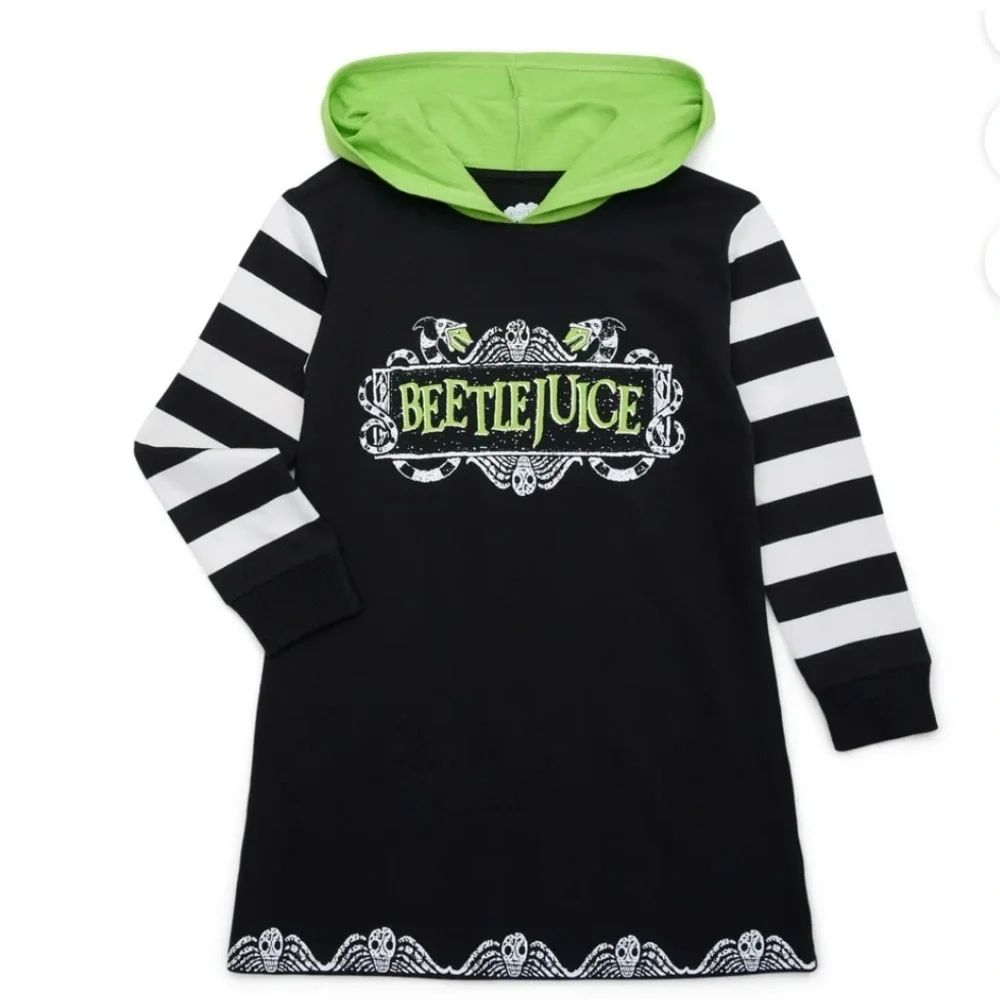 🖤💚 Beetlejuice Hooded Sweater Dress Girls XS (4/5) NWT Striped‎ Sleeves